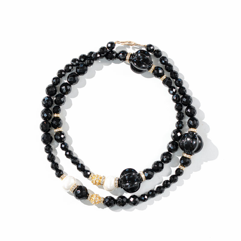 Black, Pearl and Gold Long Necklace